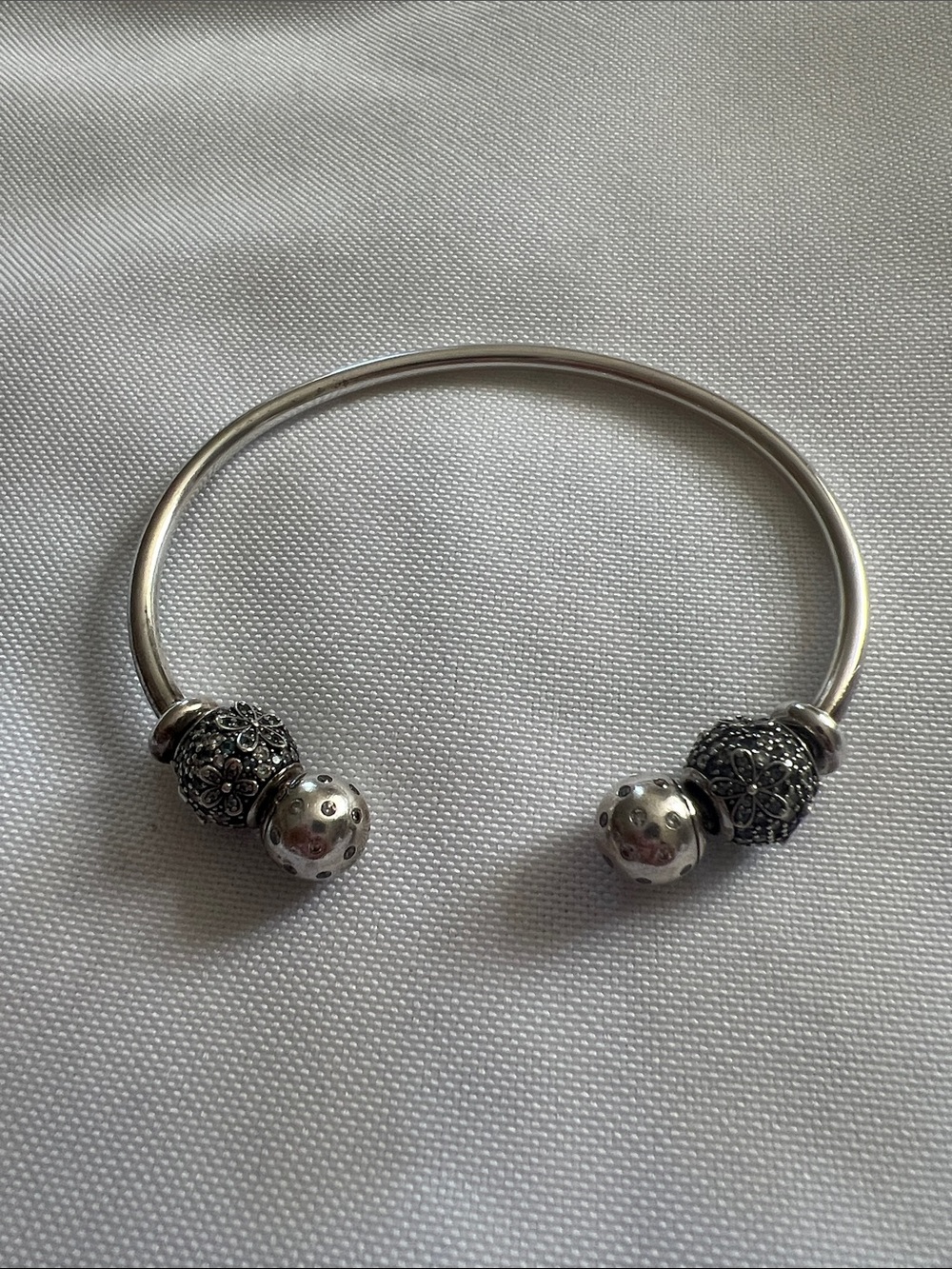 Pandora Silver Open Cuff Bangle with Original Pandora Charm End Caps